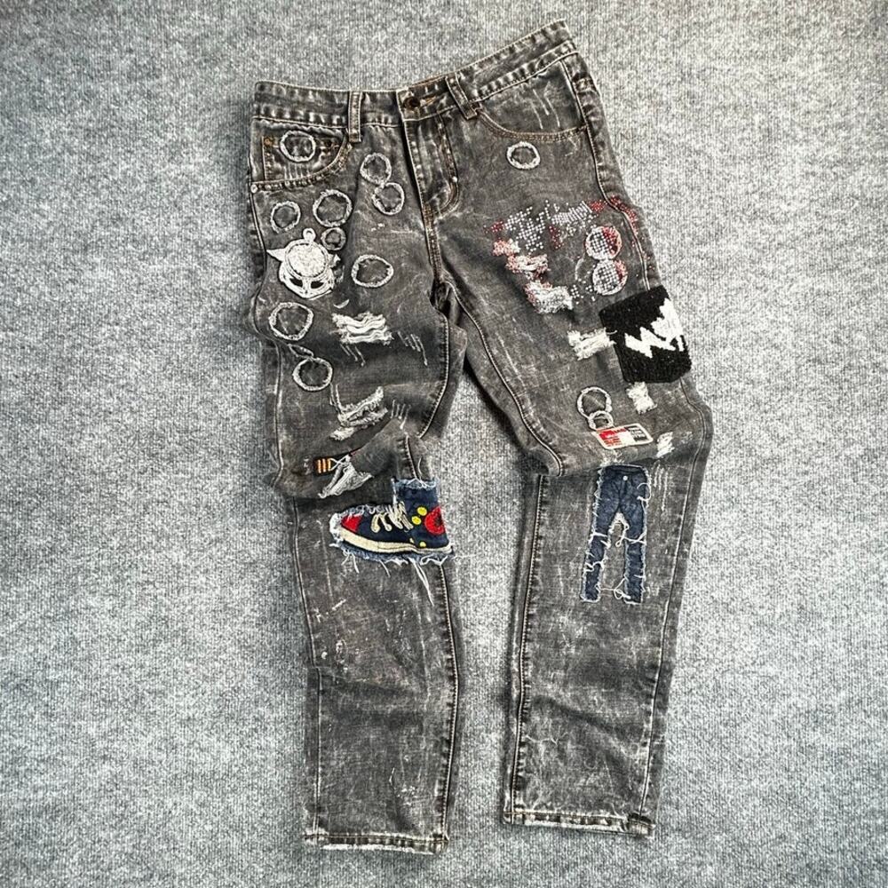 y2k Gold Lux Men's 30 Black Acid Wash Distressed Patchwork Rhinestone Jeans